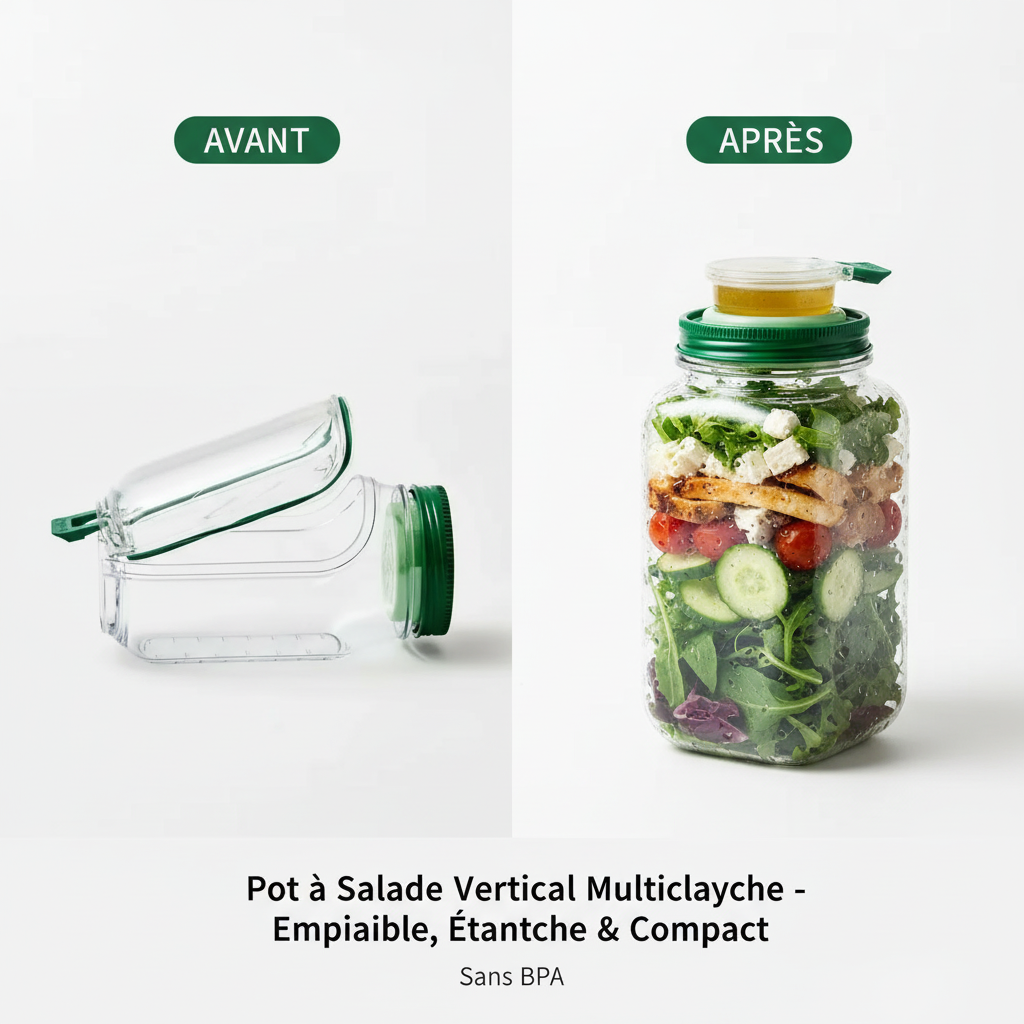Salad Pod, Vertical Layering Salad Pod Built Plastic Salad Storage Jar, Food-grade BPA-free, Sealed Leak-proof, Transparent Jar